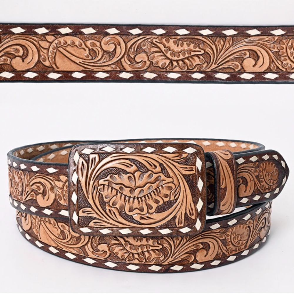 Brown and Natural tooled leather belt